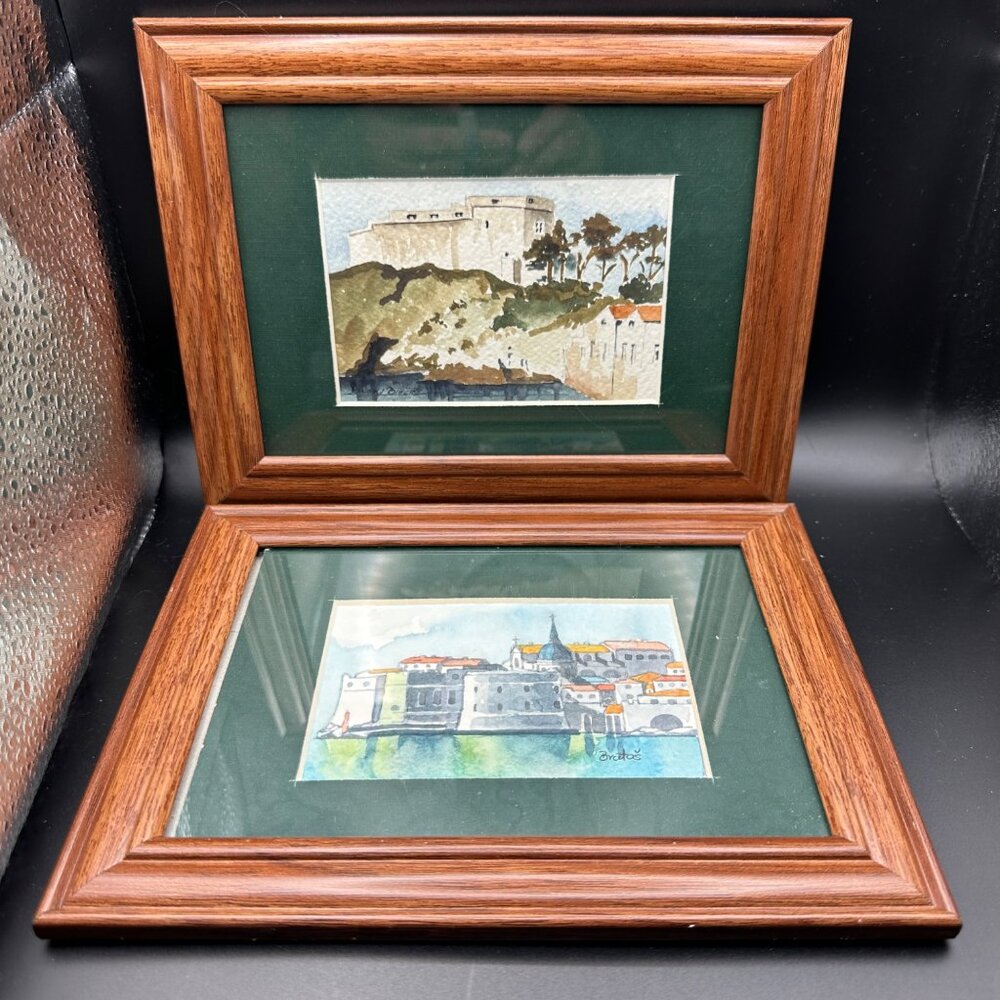 Signed Mery Ortoloi-Biocic 9 x 7” Wood Framed Green Matted Watercolor Paintings